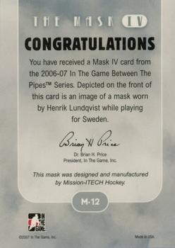 2015-16 In The Game Final Vault - 2006-07 In The Game Between The Pipes - The Mask IV (Silver Vault Stamp) #M-12 Henrik Lundqvist Back