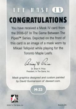 2015-16 In The Game Final Vault - 2006-07 In The Game Between The Pipes The Mask IV  (Silver Vault Stamp) #M-33 Mikael Tellqvist Back