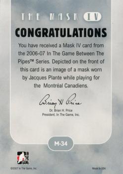 2015-16 In The Game Final Vault - 2006-07 In The Game Between The Pipes The Mask IV  (Silver Vault Stamp) #M-34 Jacques Plante Back