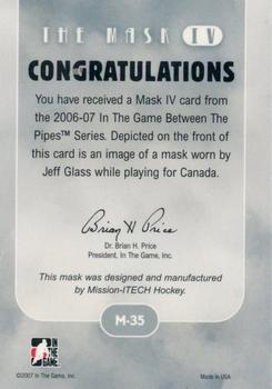 2015-16 In The Game Final Vault - 2006-07 In The Game Between The Pipes - The Mask IV (Silver Vault Stamp) #M-35 Jeff Glass Back