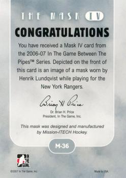 2015-16 In The Game Final Vault - 2006-07 In The Game Between The Pipes - The Mask IV (Silver Vault Stamp) #M-36 Henrik Lundqvist Back