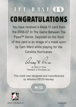 2015-16 In The Game Final Vault - 2006-07 In The Game Between The Pipes - The Mask IV Silver (Green Vault Stamp) #M-13 Cam Ward Back