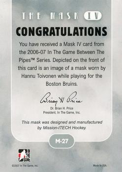 2015-16 In The Game Final Vault - 2006-07 In The Game Between The Pipes - The Mask IV Silver (Green Vault Stamp) #M-27 Hannu Toivonen Back