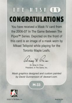 2015-16 In The Game Final Vault - 2006-07 In The Game Between The Pipes - The Mask IV Silver (Green Vault Stamp) #M-33 Mikael Tellqvist Back