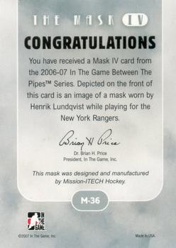 2015-16 In The Game Final Vault - 2006-07 In The Game Between The Pipes - The Mask IV Silver (Green Vault Stamp) #M-36 Henrik Lundqvist Back