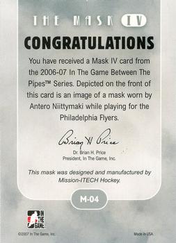 2015-16 In The Game Final Vault - 2006-07 In The Game Between The Pipes - The Mask IV Silver (Silver Vault Stamp) #M-04 Antero Niittymaki Back