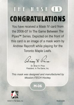 2015-16 In The Game Final Vault - 2006-07 In The Game Between The Pipes - The Mask IV Silver (Silver Vault Stamp) #M-06 Andrew Raycroft Back