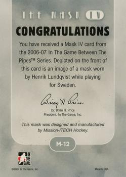 2015-16 In The Game Final Vault - 2006-07 In The Game Between The Pipes - The Mask IV Silver (Silver Vault Stamp) #M-12 Henrik Lundqvist Back