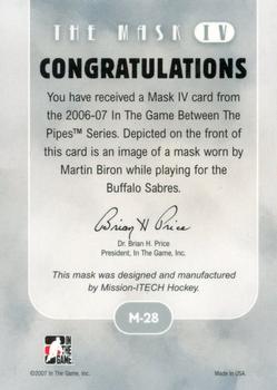 2015-16 In The Game Final Vault - 2006-07 In The Game Between The Pipes The Mask IV Silver  (Silver Vault Stamp) #M-28 Martin Biron Back