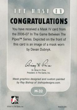 2015-16 In The Game Final Vault - 2006-07 In The Game Between The Pipes - The Mask IV Silver (Gold Vault Stamp) #M-32 Devan Dubnyk Back