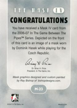 2015-16 In The Game Final Vault - 2006-07 In The Game Between The Pipes The Mask IV Gold  (Green Vault Stamp) #M-23 Dominik Hasek Back