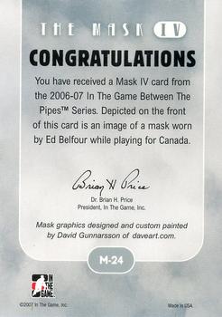 2015-16 In The Game Final Vault - 2006-07 In The Game Between The Pipes The Mask IV Gold  (Green Vault Stamp) #M-24 Ed Belfour Back