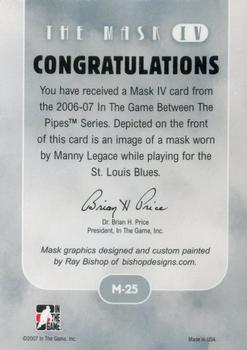 2015-16 In The Game Final Vault - 2006-07 In The Game Between The Pipes The Mask IV Gold  (Green Vault Stamp) #M-25 Manny Legace Back
