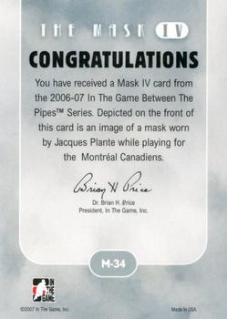 2015-16 In The Game Final Vault - 2006-07 In The Game Between The Pipes The Mask IV Gold  (Green Vault Stamp) #M-34 Jacques Plante Back
