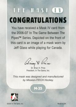2015-16 In The Game Final Vault - 2006-07 In The Game Between The Pipes The Mask IV Gold  (Green Vault Stamp) #M-35 Jeff Glass Back