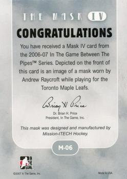 2015-16 In The Game Final Vault - 2006-07 In The Game Between The Pipes - The Mask IV Gold (Silver Vault Stamp) #M-06 Andrew Raycroft Back