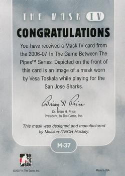 2015-16 In The Game Final Vault - 2006-07 In The Game Between The Pipes The Mask IV Gold  (Silver Vault Stamp) #M-37 Vesa Toskala Back