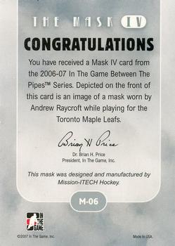 2015-16 In The Game Final Vault - 2006-07 In The Game Between The Pipes - The Mask IV Onyx (Green Vault Stamp) #M-06 Andrew Raycroft Back