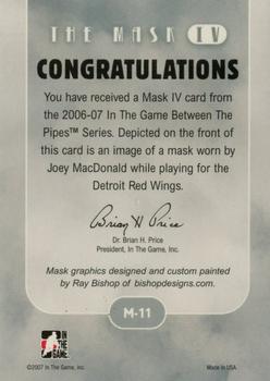2015-16 In The Game Final Vault - 2006-07 In The Game Between The Pipes - The Mask IV Onyx (Green Vault Stamp) #M-11 Joey MacDonald Back