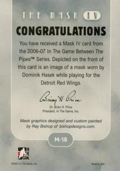 2015-16 In The Game Final Vault - 2006-07 In The Game Between The Pipes The Mask IV Onyx  (Green Vault Stamp) #M-18 Dominik Hasek Back