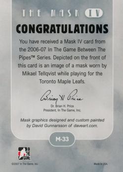 2015-16 In The Game Final Vault - 2006-07 In The Game Between The Pipes - The Mask IV Onyx (Green Vault Stamp) #M-33 Mikael Tellqvist Back