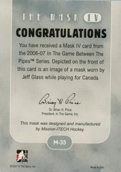 2015-16 In The Game Final Vault - 2006-07 In The Game Between The Pipes The Mask IV Onyx  (Green Vault Stamp) #M-35 Jeff Glass Back