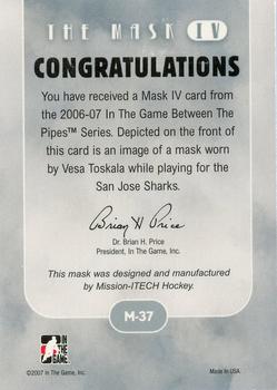 2015-16 In The Game Final Vault - 2006-07 In The Game Between The Pipes - The Mask IV Onyx (Green Vault Stamp) #M-37 Vesa Toskala Back