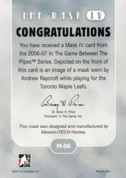2015-16 In The Game Final Vault - 2006-07 In The Game Between The Pipes - The Mask IV Onyx (Silver Vault Stamp) #M-06 Andrew Raycroft Back