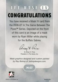 2015-16 In The Game Final Vault - 2006-07 In The Game Between The Pipes The Mask IV Onyx  (Silver Vault Stamp) #M-07 Ryan Miller Back