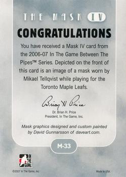 2015-16 In The Game Final Vault - 2006-07 In The Game Between The Pipes The Mask IV Onyx  (Silver Vault Stamp) #M-33 Mikael Tellqvist Back