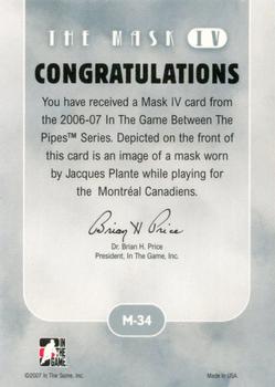 2015-16 In The Game Final Vault - 2006-07 In The Game Between The Pipes - The Mask IV Onyx (Silver Vault Stamp) #M-34 Jacques Plante Back