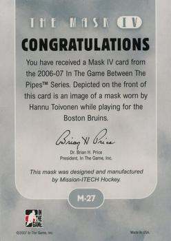 2015-16 In The Game Final Vault - 2006-07 In The Game Between The Pipes - The Mask IV Onyx (Gold Vault Stamp) #M-27 Hannu Toivonen Back