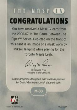 2015-16 In The Game Final Vault - 2006-07 In The Game Between The Pipes The Mask IV Onyx  (Gold Vault Stamp) #M-33 Mikael Tellqvist Back
