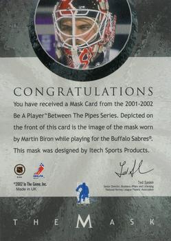 2015-16 In The Game Final Vault - 2001-02 Between The Pipes -The Mask  (Silver Vault Stamp) #NNO Martin Biron Back