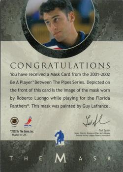 2015-16 In The Game Final Vault - 2001-02 Between The Pipes -The Mask  (Silver Vault Stamp) #NNO Roberto Luongo Back