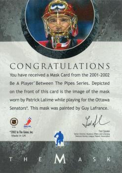 2015-16 In The Game Final Vault - 2001-02 Between The Pipes -The Mask  (Silver Vault Stamp) #NNO Patrick Lalime Back