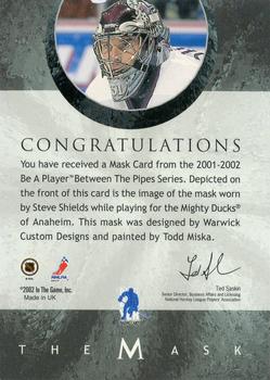 2015-16 In The Game Final Vault - 2001-02 Between The Pipes -The Mask  (Gold Vault Stamp) #NNO Steve Shields Back