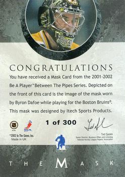 2015-16 In The Game Final Vault - 2001-02 Between The Pipes -The Mask Silver  (Silver Vault Stamp) #NNO Byron Dafoe Back