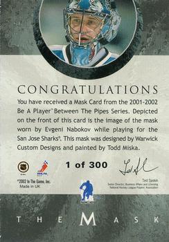 2015-16 In The Game Final Vault - 2001-02 Between The Pipes -The Mask Silver  (Silver Vault Stamp) #NNO Evgeni Nabokov Back