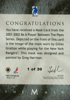 2015-16 In The Game Final Vault - 2001-02 Between The Pipes -The Mask Gold  (Green Vault Stamp) #NNO Gilles Gratton Back