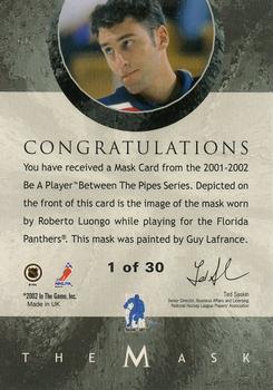 2015-16 In The Game Final Vault - 2001-02 Between The Pipes -The Mask Gold  (Silver Vault Stamp) #NNO Roberto Luongo Back