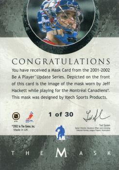 2015-16 In The Game Final Vault - 2001-02 Between The Pipes -The Mask Gold  (Silver Vault Stamp) #NNO Jeff Hackett Back