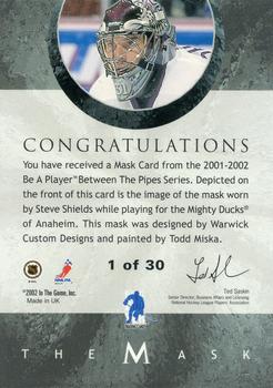 2015-16 In The Game Final Vault - 2001-02 Between The Pipes -The Mask Gold  (Gold Vault Stamp) #NNO Steve Shields Back