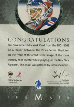 2001-02 Be a Player Between the Pipes - The Mask Toronto Spring Expo 2002 #NNO Mike Richter Back