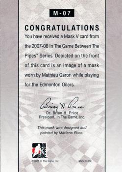 2015-16 In The Game Final Vault - 2007-08 In The Game Between The Pipes - The Mask V (Green Vault Stamp) #M-07 Mathieu Garon Back