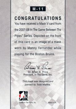 2015-16 In The Game Final Vault - 2007-08 In The Game Between The Pipes - The Mask V (Green Vault Stamp) #M-11 Manny Fernandez Back