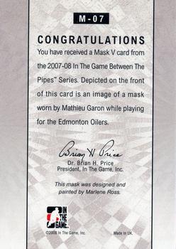 2015-16 In The Game Final Vault - 2007-08 In The Game Between The Pipes The Mask V   (Silver Vault Stamp) #M-07 Mathieu Garon Back