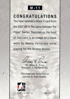2015-16 In The Game Final Vault - 2007-08 In The Game Between The Pipes - The Mask V (Silver Vault Stamp) #M-11 Manny Fernandez Back