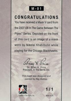 2015-16 In The Game Final Vault - 2007-08 In The Game Between The Pipes The Mask V Black  (Silver Vault Stamp) #M-01 Nikolai Khabibulin Back