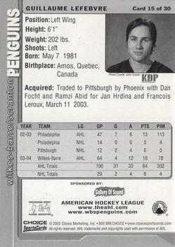 2004-05 Choice Wilkes-Barre/Scranton Penguins (AHL) #15 Guillaume Lefebvre Back